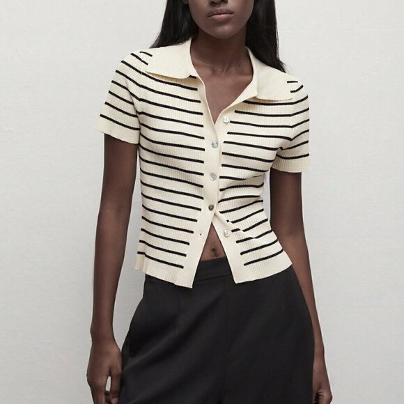 Apricot Casual Women's Lapel Striped Button Knitted Sweater - Picture 6 of 7